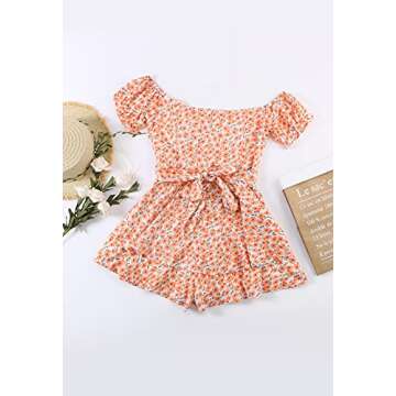 Fixmatti Womens Summer Floral Print Off Shoulder Short Romper Jumpsuit Playsuit Orange M