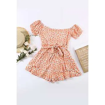 Fixmatti Womens Summer Floral Print Off Shoulder Short Romper Jumpsuit Playsuit Orange M