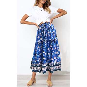 MEROKEETY Women's Boho Floral Print Elastic High Waist Pleated A Line Maxi Skirt Blue