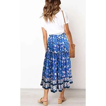 MEROKEETY Women's Boho Floral Print Elastic High Waist Pleated A Line Maxi Skirt Blue