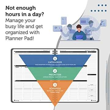 Planner Pad Spiral Bound 3-Tier Funnel Down Organizer, January 2022 Start, Black Cover/Black Ink, 6 3/4" x 8 1/2"