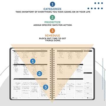 Planner Pad Spiral Bound 3-Tier Funnel Down Organizer, January 2022 Start, Black Cover/Black Ink, 6 3/4" x 8 1/2"