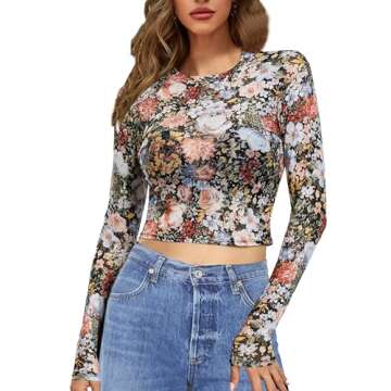BemorRun Floral Mesh Crop Top See Through Tops for Women Long Sleeve Date Night Outfit Multicolor