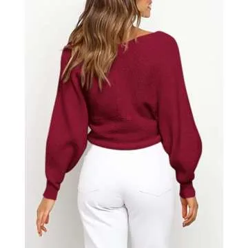 BTFBM Women Casual V Neck Long Sleeve Sweaters Cross Wrap Front Off Shoulder Asymmetric Hem Knitted Crop Solid Pullover (Solid Wine Red, Medium)