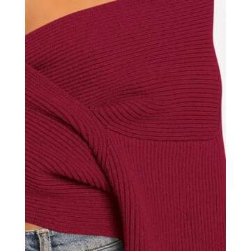 BTFBM Women Casual V Neck Long Sleeve Sweaters Cross Wrap Front Off Shoulder Asymmetric Hem Knitted Crop Solid Pullover (Solid Wine Red, Medium)