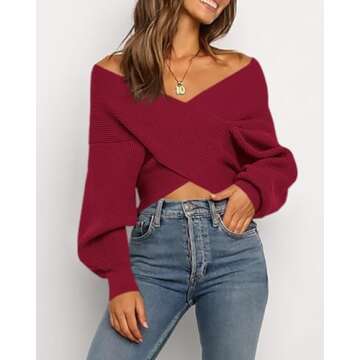BTFBM Women Casual V Neck Long Sleeve Sweaters Cross Wrap Front Off Shoulder Asymmetric Hem Knitted Crop Solid Pullover (Solid Wine Red, Medium)