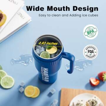 HandFan 40 oz Tumbler with Handle and Strap | Leakproof Insulated Tumbler with Lid and Straw | Reusable Stainless Steel Water Bottle | Cup Holder Friendly Travel Mug with 5000mAh Portable Fan (Blue)