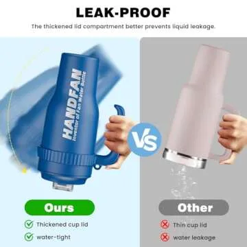 HandFan 40 oz Tumbler with Handle and Strap | Leakproof Insulated Tumbler with Lid and Straw | Reusable Stainless Steel Water Bottle | Cup Holder Friendly Travel Mug with 5000mAh Portable Fan (Blue)