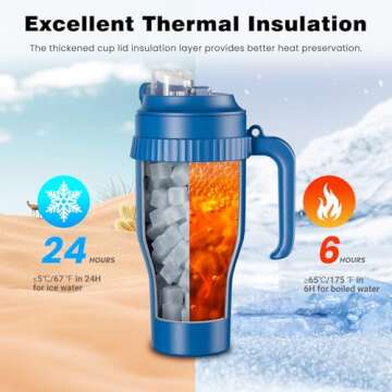 HandFan 40 oz Tumbler with Handle and Strap | Leakproof Insulated Tumbler with Lid and Straw | Reusable Stainless Steel Water Bottle | Cup Holder Friendly Travel Mug with 5000mAh Portable Fan (Blue)