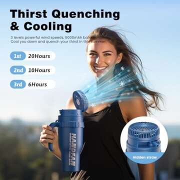 HandFan 40 oz Tumbler with Handle and Strap | Leakproof Insulated Tumbler with Lid and Straw | Reusable Stainless Steel Water Bottle | Cup Holder Friendly Travel Mug with 5000mAh Portable Fan (Blue)