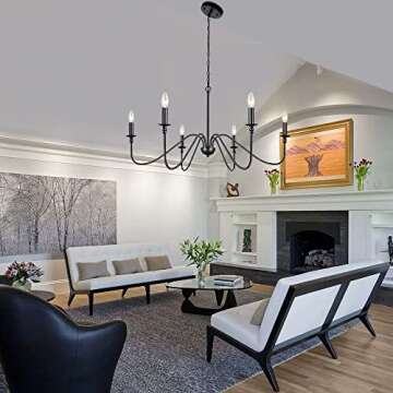 Lampundit 6-Light Iron Chandelier Black Farmhouse Chandelier Classic Candle Ceiling Pendant Light Fixture for Kitchen Island Dining Room Living Room Foyer Barn