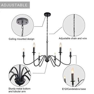 Lampundit 6-Light Iron Chandelier Black Farmhouse Chandelier Classic Candle Ceiling Pendant Light Fixture for Kitchen Island Dining Room Living Room Foyer Barn