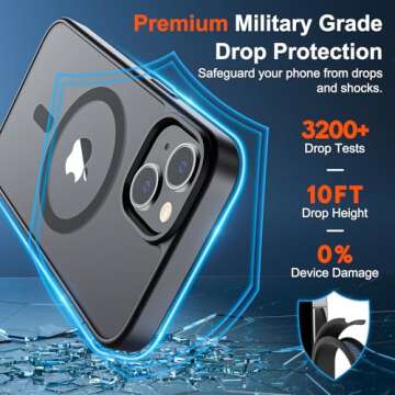 SUPFINE Magnetic for iPhone 15 Case (Compatible with MagSafe) (10 FT Military Grade Drop Protection) Slim Translucent Matte Shockproof with Anti-Fingerprint Phone Case, Black