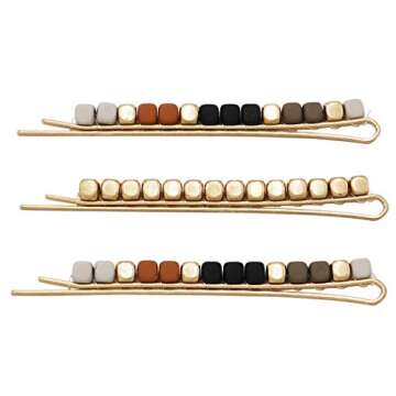 Rosemarie & Jubalee Women's Set of 3 Beaded Hair Clip Bobby Pins Hair Barrette Accessories (Black/Tan/Grey)