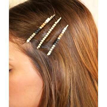 Rosemarie & Jubalee Women's Set of 3 Beaded Hair Clip Bobby Pins Hair Barrette Accessories (Black/Tan/Grey)