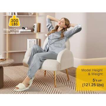 Dewhut Modern Sherpa Boucle Accent Chair, Upholstered Arm Vanity Chair with Metal Legs for Corner, Fluffy Reading Side Chairs for Living Room, Bedrooms, Home Office, Dorm, Reading Nook (Cream White)