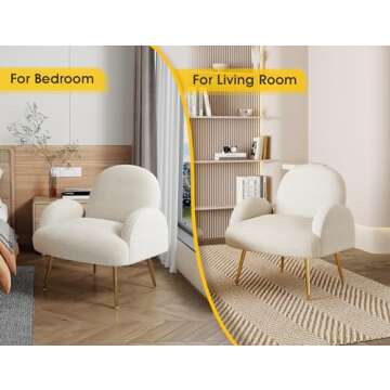 Dewhut Modern Sherpa Boucle Accent Chair, Upholstered Arm Vanity Chair with Metal Legs for Corner, Fluffy Reading Side Chairs for Living Room, Bedrooms, Home Office, Dorm, Reading Nook (Cream White)