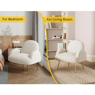 Dewhut Modern Sherpa Boucle Accent Chair, Upholstered Arm Vanity Chair with Metal Legs for Corner, Fluffy Reading Side Chairs for Living Room, Bedrooms, Home Office, Dorm, Reading Nook (Cream White)