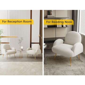 Dewhut Modern Sherpa Boucle Accent Chair, Upholstered Arm Vanity Chair with Metal Legs for Corner, Fluffy Reading Side Chairs for Living Room, Bedrooms, Home Office, Dorm, Reading Nook (Cream White)