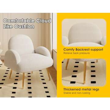 Dewhut Modern Sherpa Boucle Accent Chair, Upholstered Arm Vanity Chair with Metal Legs for Corner, Fluffy Reading Side Chairs for Living Room, Bedrooms, Home Office, Dorm, Reading Nook (Cream White)