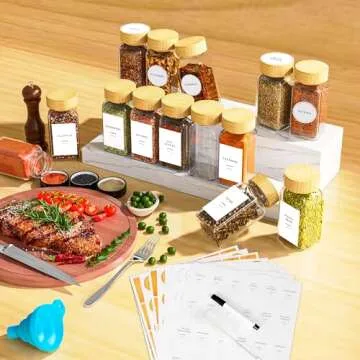24 Glass Spice Jars with Bamboo Lids for Kitchen Organization