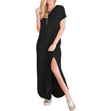 ANRABESS Women's Summer Casual Loose Short Sleeve Long T Shirt Dress Split Maxi Beach Sundress Travel Vacation Outfits Black Large