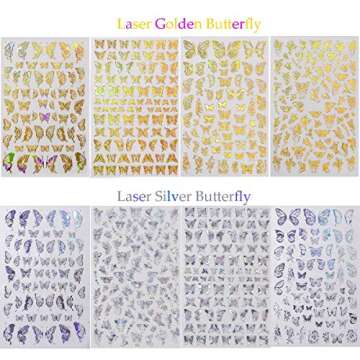 Butterfly Nail Art Decals Sticker Nail Art Supplies Gold Nail Art Adhesive Sticker Holographic Laser Butterfly Design Nail Foil 3D Luxury Butterflies Sticker for Acrylic Nails Decorations