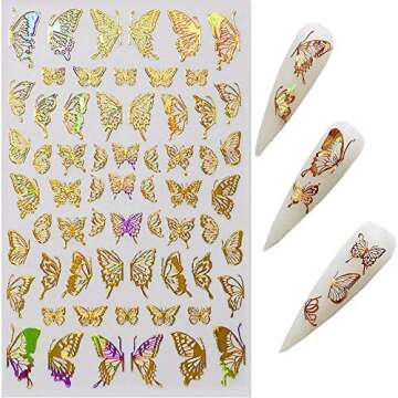 Butterfly Nail Art Decals Sticker Nail Art Supplies Gold Nail Art Adhesive Sticker Holographic Laser Butterfly Design Nail Foil 3D Luxury Butterflies Sticker for Acrylic Nails Decorations