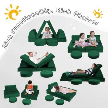 MeMoreCool 8-Piece Modular Kids Play Couch – Green Convertible Foam Toddler Sofa for Playroom, Fold-Out Baby Couch Play Set