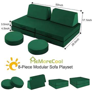 MeMoreCool 8-Piece Modular Kids Play Couch – Green Convertible Foam Toddler Sofa for Playroom, Fold-Out Baby Couch Play Set