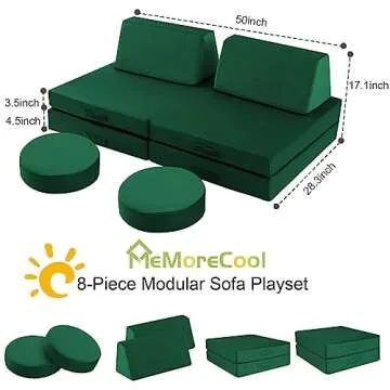 MeMoreCool 8-Piece Modular Kids Play Couch – Green Convertible Foam Toddler Sofa for Playroom, Fold-Out Baby Couch Play Set