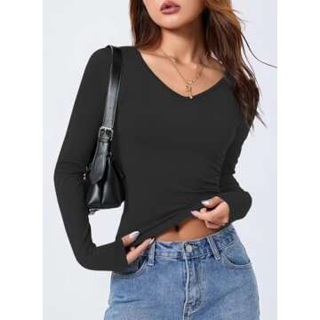 LOLONG Black Long Sleeve Shirt for Women V Neck Casual Basic Tops Trendy Ribbed Knit Slim Fit Solid ...