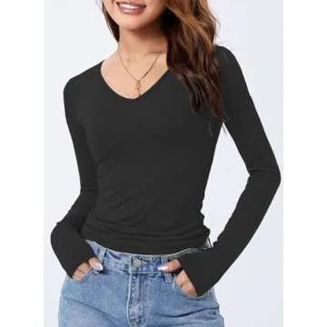 LOLONG Black Long Sleeve Shirt for Women V Neck Casual Basic Tops Trendy Ribbed Knit Slim Fit Solid Fall Layering Blouses