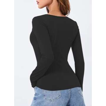 LOLONG Black Long Sleeve Shirt for Women V Neck Casual Basic Tops Trendy Ribbed Knit Slim Fit Solid Fall Layering Blouses