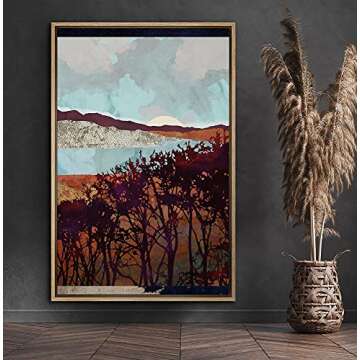 SIGNFORD Framed Canvas Print Wall Art Red & Orange Mountain Range Over The Lake Abstract Wilderness ...