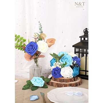 N&T NIETING Blue Roses Artificial Flowers, 50pcs Fake Flowers Rose Perfect for DIY Wedding Bridesmaid Bridal Bouquets Centerpieces Home Flower Arrangement Decoration, Series Blue