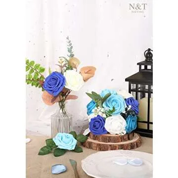 N&T NIETING Blue Roses Artificial Flowers, 50pcs Fake Flowers Rose Perfect for DIY Wedding Bridesmaid Bridal Bouquets Centerpieces Home Flower Arrangement Decoration, Series Blue