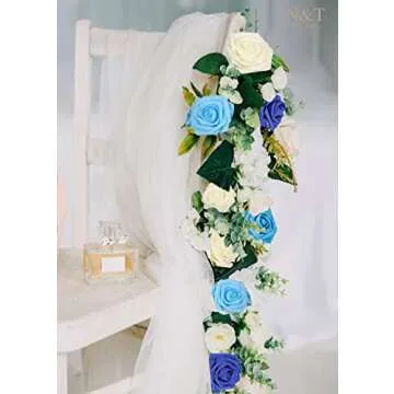 N&T NIETING Blue Roses Artificial Flowers, 50pcs Fake Flowers Rose Perfect for DIY Wedding Bridesmaid Bridal Bouquets Centerpieces Home Flower Arrangement Decoration, Series Blue