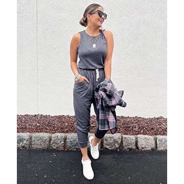 KIRUNDO Jumpsuits for Women Casual Summer 2024 Cutout Sleeveless Crewneck Drawstring Waist Long Pants Romper with Pockets(Dark Grey, Small)