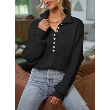 EVALESS Womens Fall Knit Chunky Oversized Sweater 2024 Trendy Fashion Stand Collar Button-Up Long Sleeve V Neck Pullover Tops Outfits Clothes Black Medium