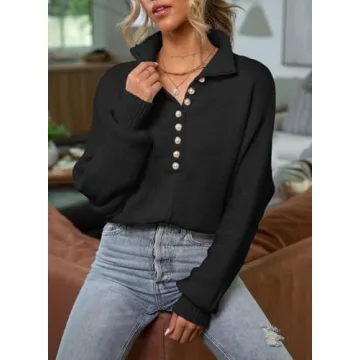 EVALESS Womens Fall Knit Chunky Oversized Sweater 2024 Trendy Fashion Stand Collar Button-Up Long Sleeve V Neck Pullover Tops Outfits Clothes Black Medium