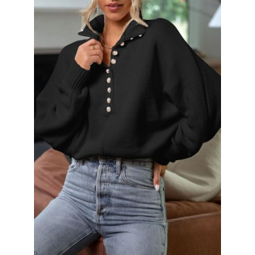 EVALESS Womens Fall Knit Chunky Oversized Sweater 2024 Trendy Fashion Stand Collar Button-Up Long Sleeve V Neck Pullover Tops Outfits Clothes Black Medium