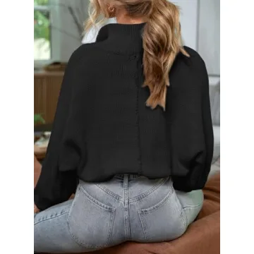 EVALESS Womens Fall Knit Chunky Oversized Sweater 2024 Trendy Fashion Stand Collar Button-Up Long Sleeve V Neck Pullover Tops Outfits Clothes Black Medium