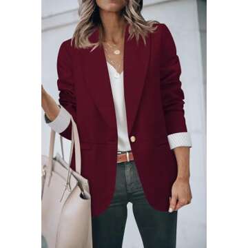 Genhoo Women's Business Casual Blazer Jacket Open Front Cotton Cardigan Wine Red Coat Workwear Wine ...