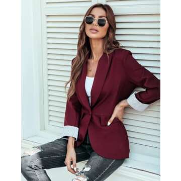 Genhoo Women's Business Casual Blazer Jacket Open Front Cotton Cardigan Wine Red Coat Workwear Wine Red L