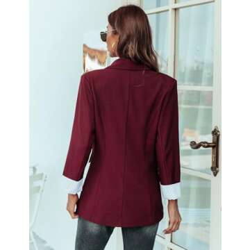 Genhoo Women's Business Casual Blazer Jacket Open Front Cotton Cardigan Wine Red Coat Workwear Wine Red L