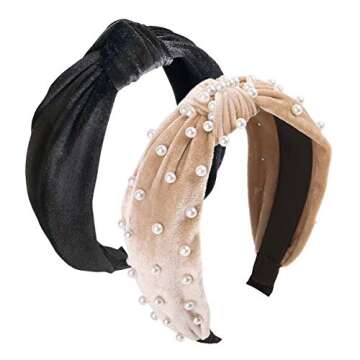 BEBEEPOO 2Pcs Headbands for Women, Pearl Headbands with Velvet Knotted Wide Headbands, Faux Pearl El...
