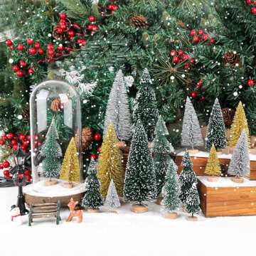 AerWo 21pcs Mini Bottle Brush Christmas Trees, Winter Village Sets with Snowman, Reindeer, Bench, Small Trees for Tabletop Holiday Decor