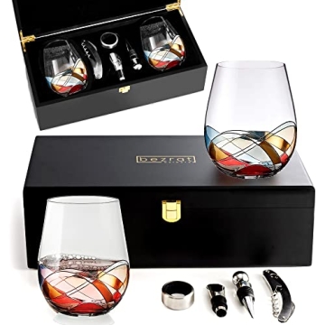 Stemless Wine Glasses Gift Set - Hand Painted Premium Crystal for Wine Lovers
