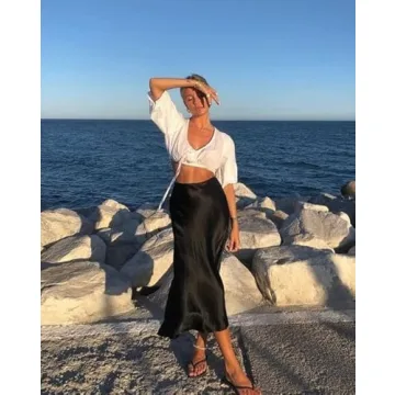 Elegant Zeagoo High Waist Black Midi Skirt for Women